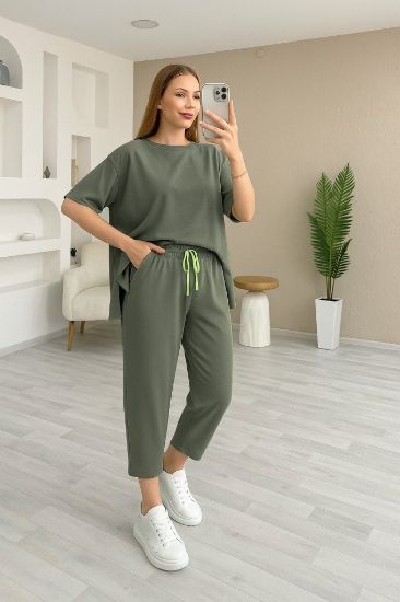 Kadın Kısa Kollu Bisiklet Yaka Viskon Iki Iplik Bluz Ve Pantolon Ikili Takım resmi